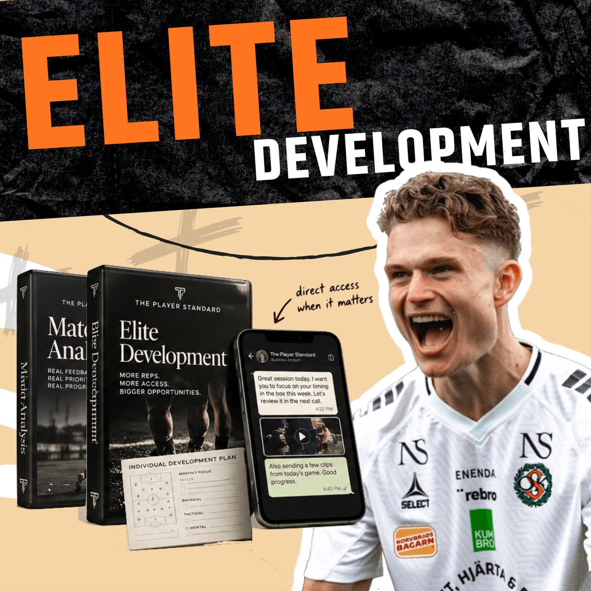 Elite Development: two product boxes, a phone showing a message thread and an individual development plan sheet, with a portrait of a player