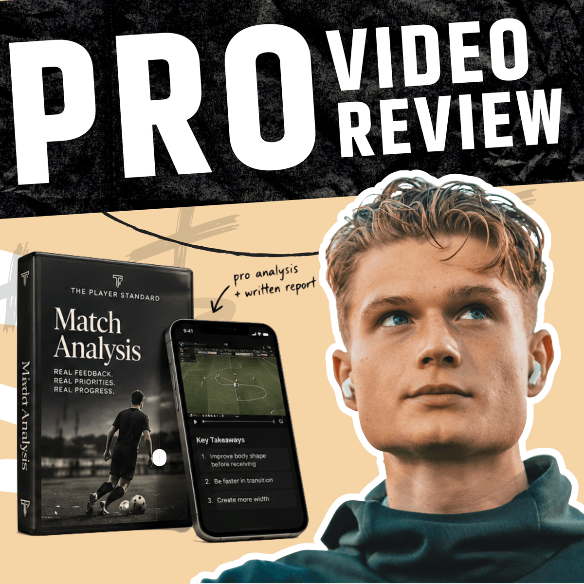 Match Analysis: a product box and a phone showing three key takeaways from a match video, with the words Pro video review and a portrait of a player