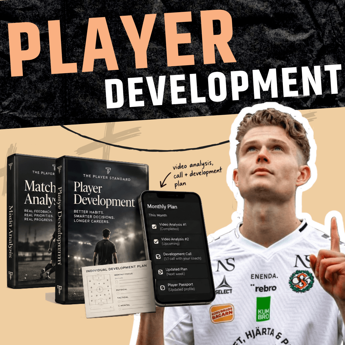 Player Development: two product boxes, a phone showing a monthly plan and an individual development plan sheet, with a portrait of a player