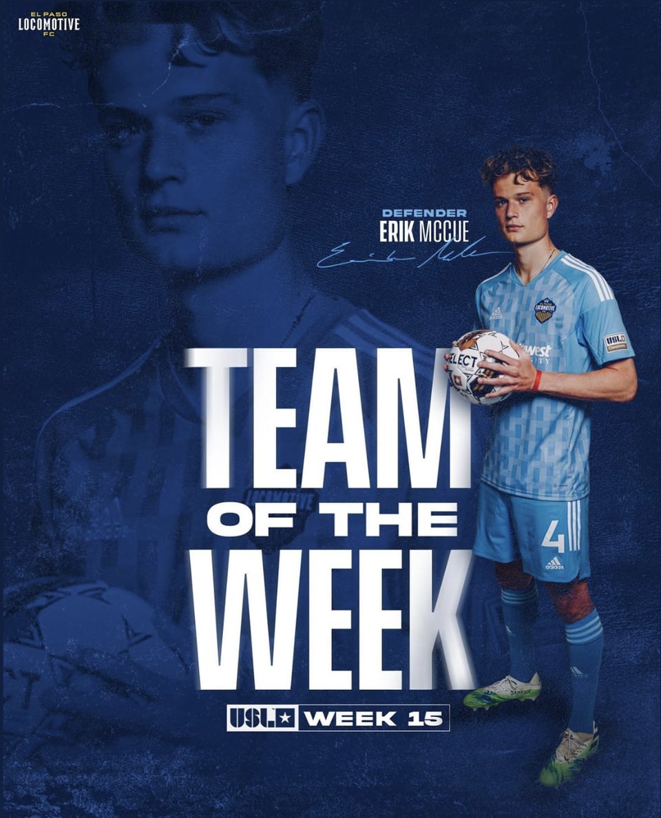 USL Championship Team of the Week, Week 15. Graphic of Erik McCue, defender, holding a ball.