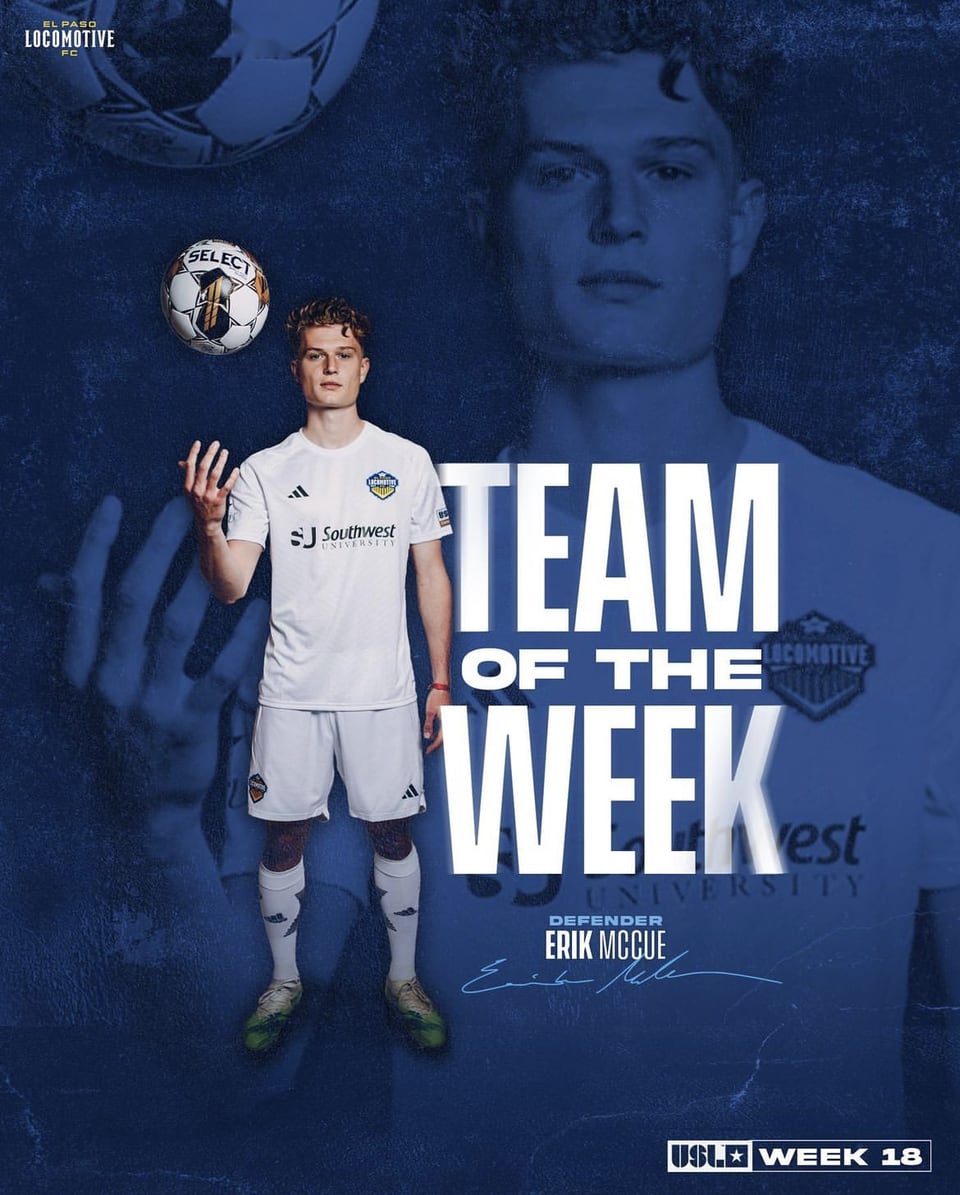 USL Championship Team of the Week, Week 18. Graphic of Erik McCue, defender, tossing a ball.